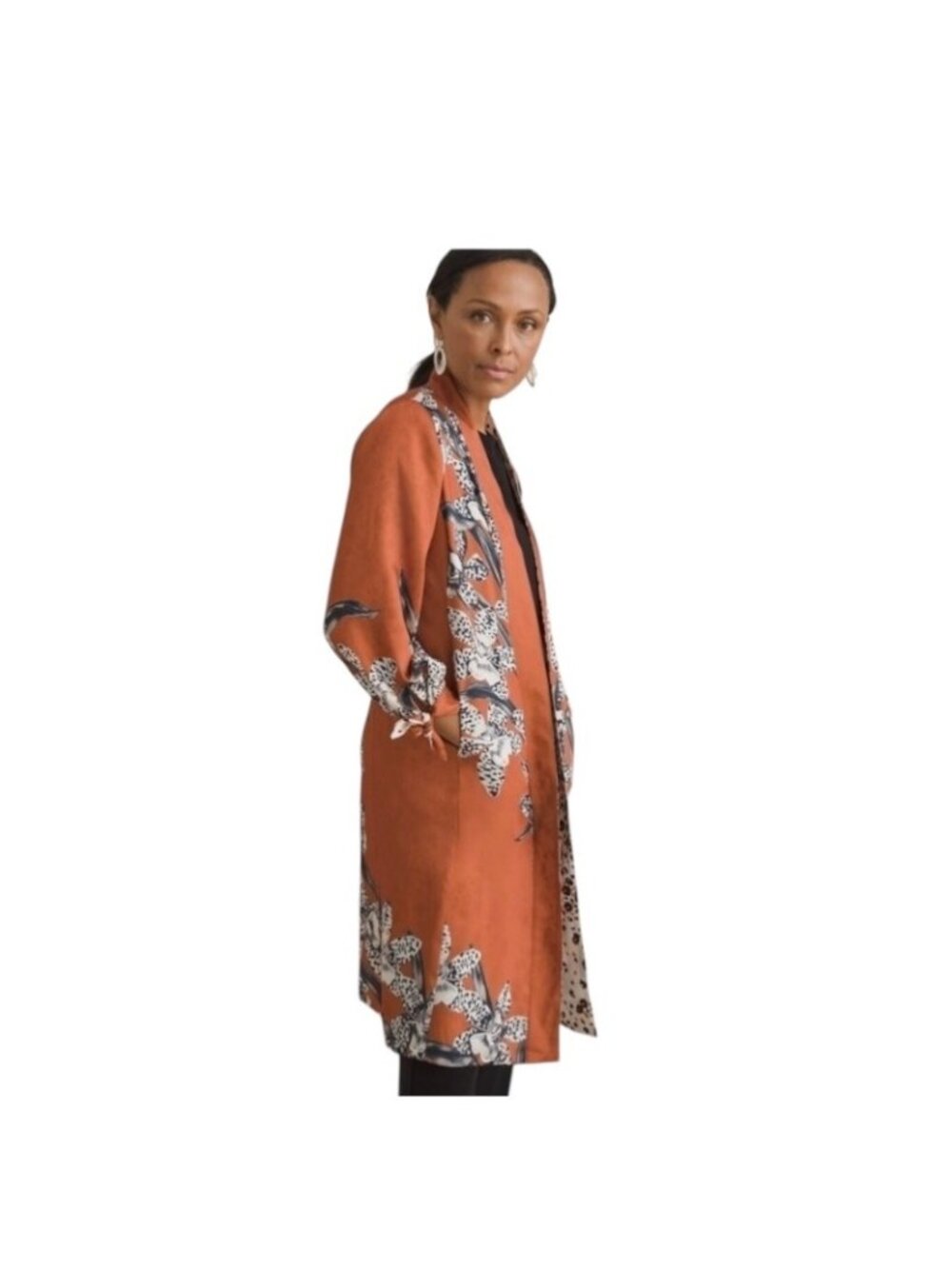 Chicos Reversible Kimono Cardigan Orange Size 1 (M) Bohemian Floral Animal Print